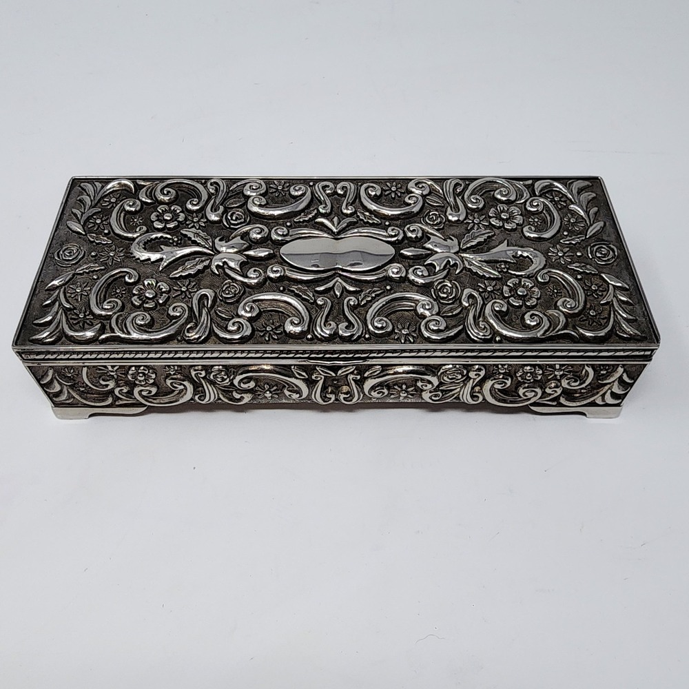 Vintage Godinger Velvet Lined Ornate Mirrored Jewelry Box Silver Plated 1992